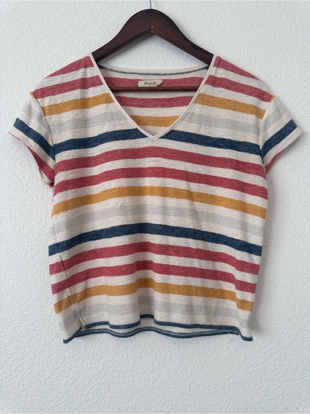 Madewell Cream Short-Sleeve V-Neck Tee with Red, Navy & Mustard Stripes